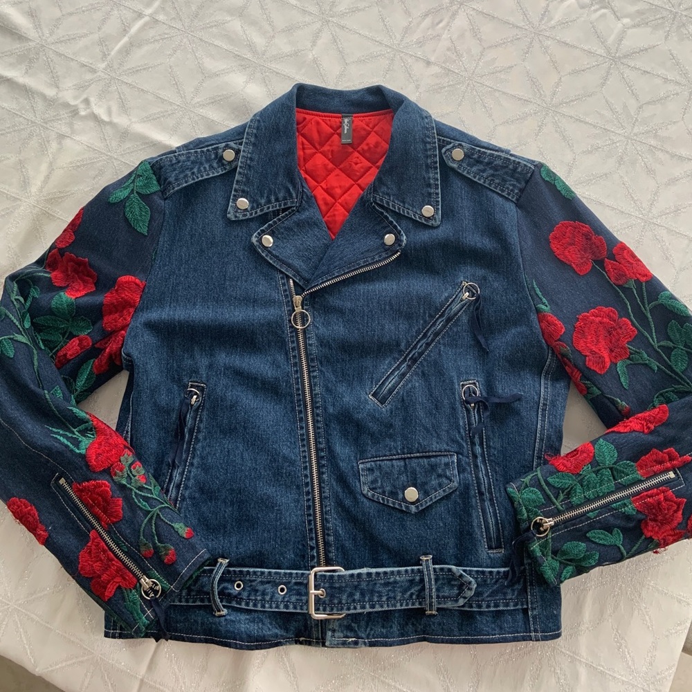 Rose Embroidered Denim Moto Jacket
